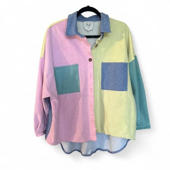 Tops - Fantastic Fawn Unique Colorblock Denim Shirt Oversized Pastel Patchwork sz M